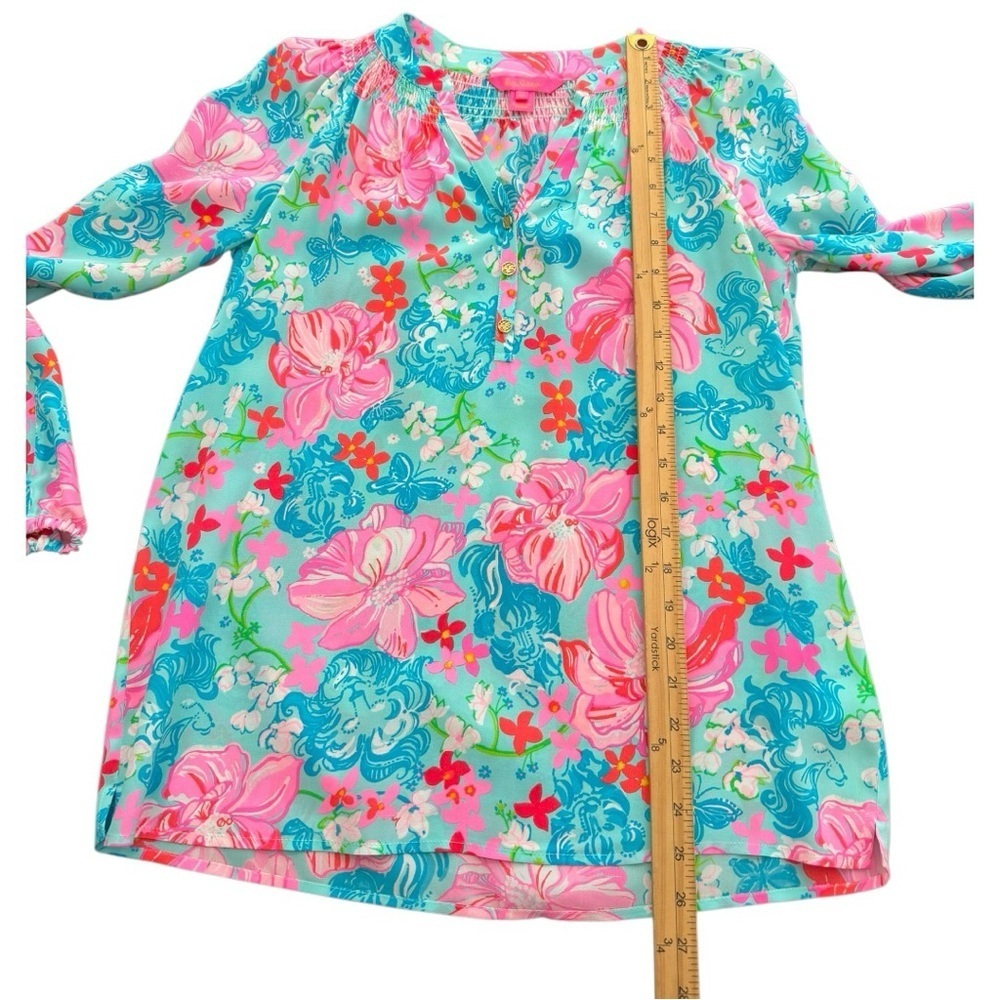 Lilly Pulitzer Elsa Silk Top Surf Blue Luscious Lions Floral Blouse XS - Picture 9 of 11
